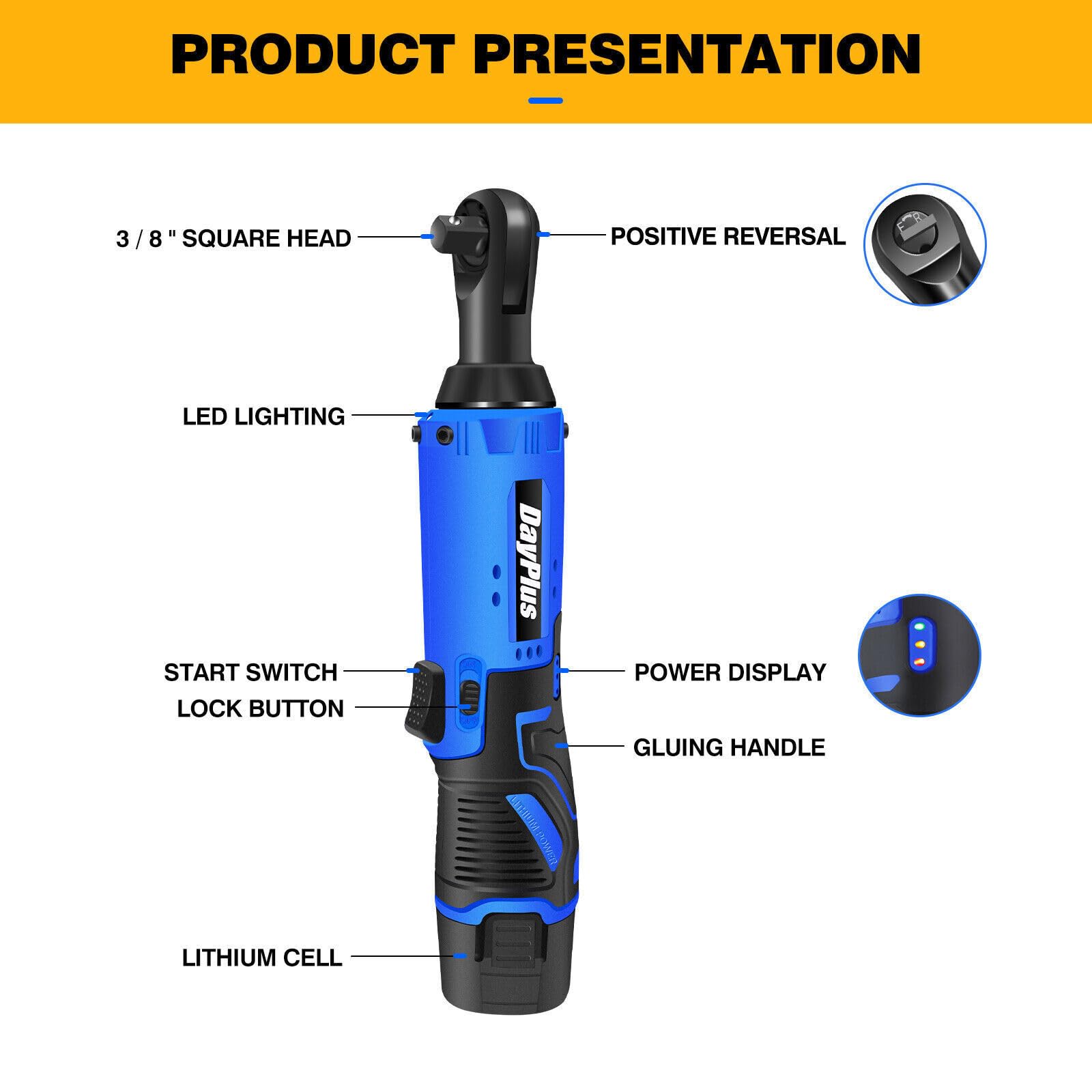 DayPlus Chiave a percussione a batteria 2 IN 1, pistola a percussione senza spazzole con driver da 1/2, chiave elettrica da 2500 giri/min, coppia massima 1500 Nm + batteria 1420 DayPlus Chiave a percussione a batteria 2 IN 1, pistola a percussione senza spazzole con driver da 1/2, chiave elettrica da 2500 giri/min, coppia massima 1500 Nm + batteria 1420