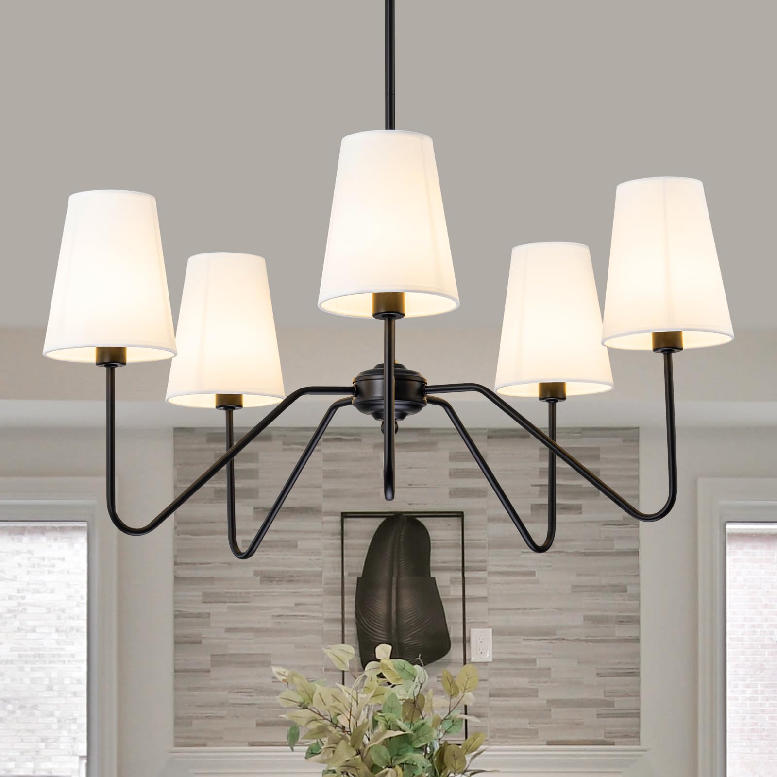 5 Light Modern Chandelier with White Shades, Elegant Pendant Light Fixture with Black Chandelier for Living Room, Dining Room, Bedroom, Hallway, Entryway, Height Adjustable