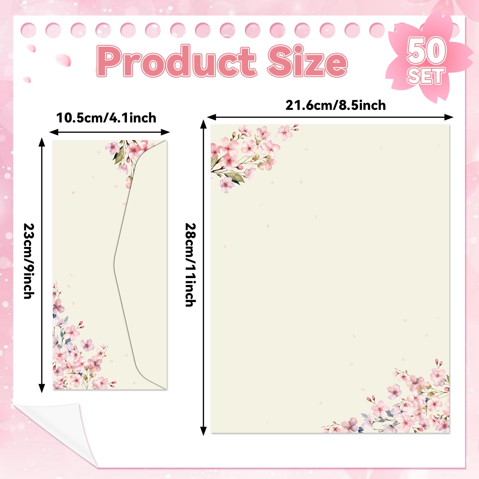 50 membretes de flores de cerezo con sobres, flores de cerezo, papel de computadora, papel de papelería floral rosa para notas a invitaciones de boda, suministros de impresión de oficina, escuela, 8.5