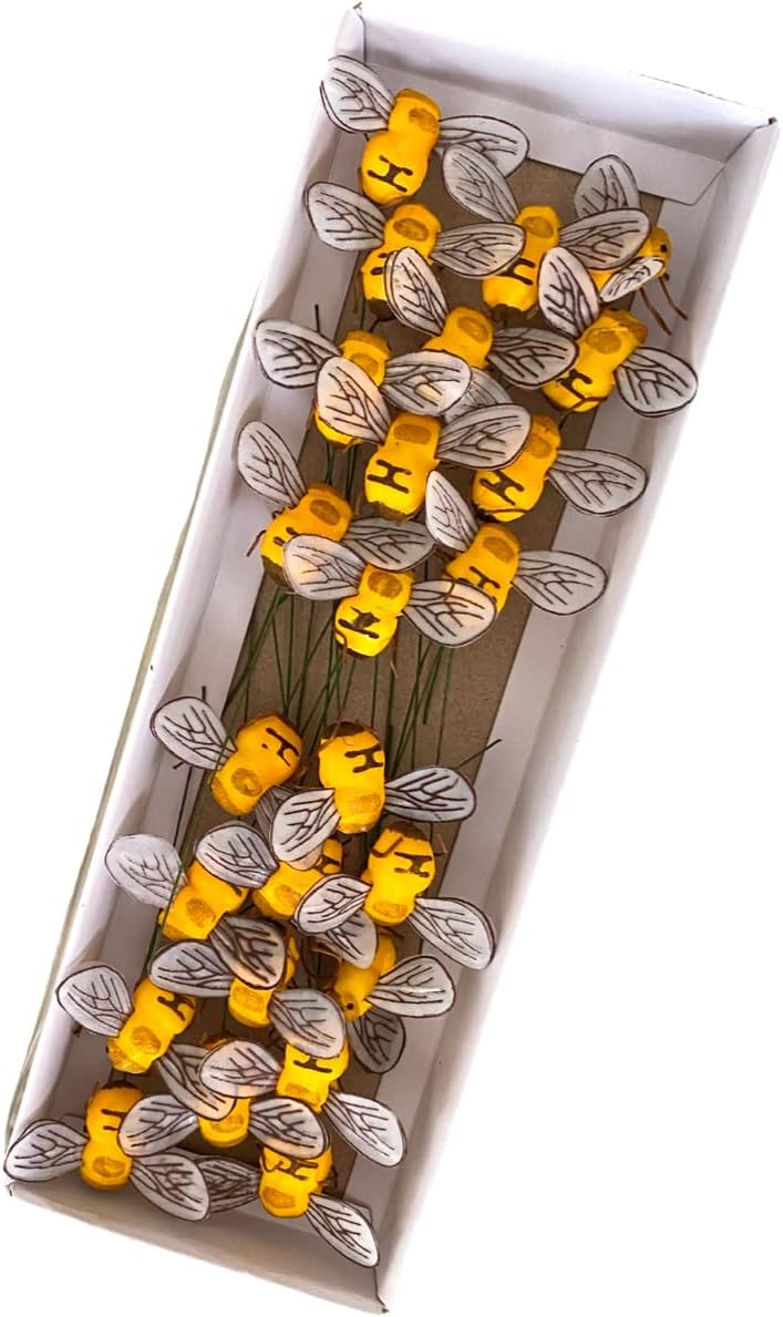 24 PCS Realistic Artificial Gold Yellow Bumble Bee Floral Picks With Wire for Crafting, Faux Mushroom Honey Bee for Flower Arrangement Wreath Beehive Decoration Babee Party Favor Cupcake Topper