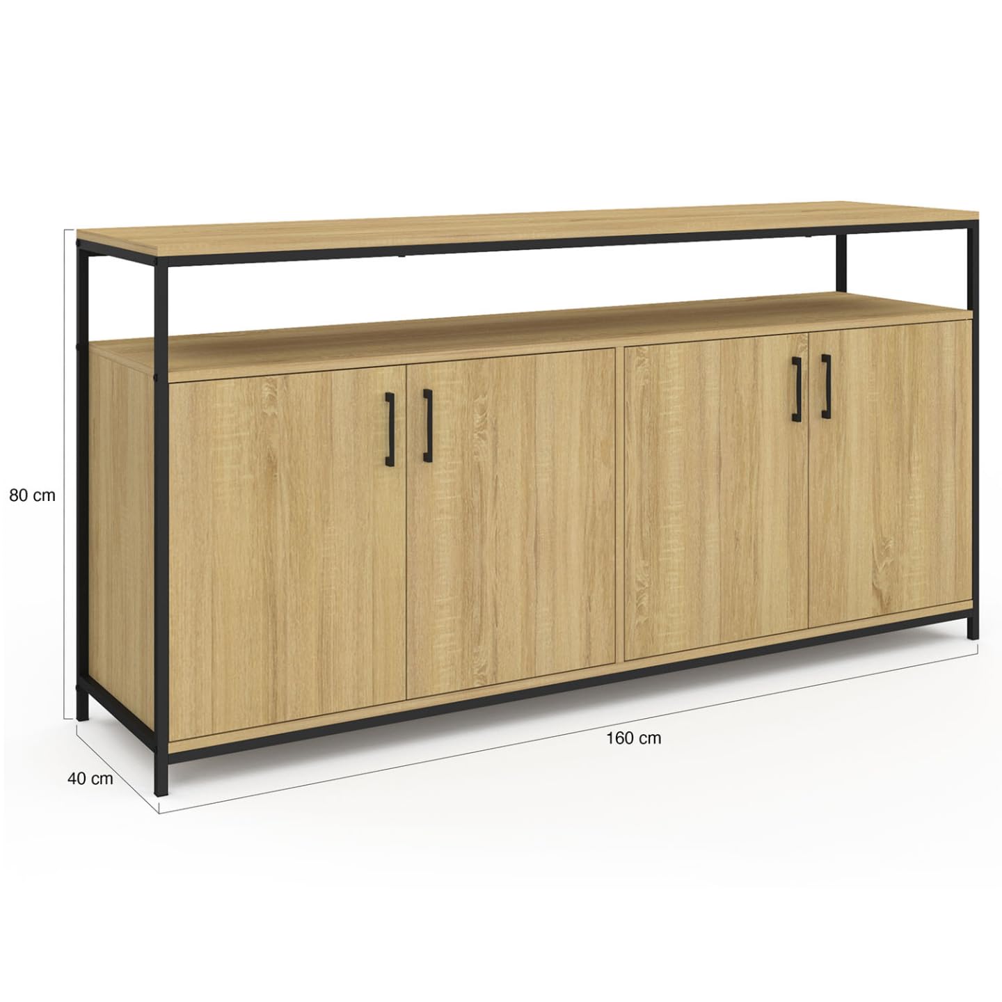 IDMarket - Aparador (160 cm, 4 puertas, madera y negro, diseño industrial