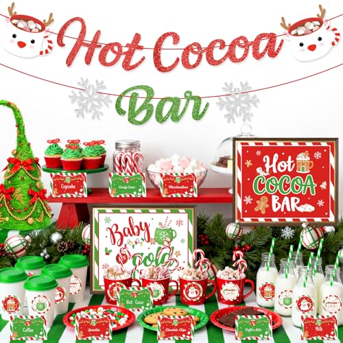 Winter Hot Cocoa Bar Banner Kit, Christmas Snowflake Hot Chocolate Bar Decor Christmas Santa Coffee Mug Baby It's Cold Outside Signs Toppings Labels Cup Tags Stickers for Birthday Baby Shower New Year