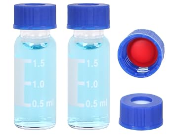 30Pcs 2ML Autosampler Vials, HPLC Vial, 9-425 Glass Vial, Screw Caps, Writing Patch, Graduation, Red PTFE and White Silicone Septa. Clear