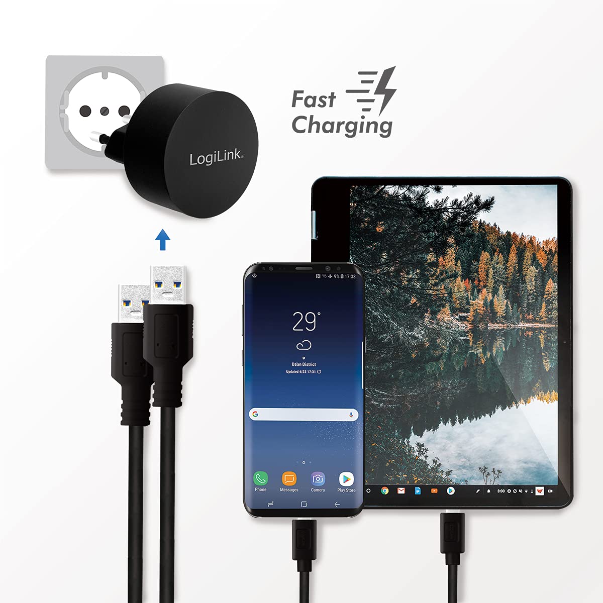 LogiLink PA0218 Fast Charging – adapter USB (2 x USB-A, 10,5 W) do smartfonów/tabletów/odtwarzaczy MP3-MP4 / e-booków/nawigacji itp. z zabezpieczeniem przed przeładowaniem, głębokim rozładowaniem,