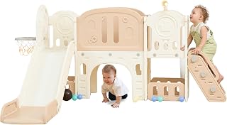 8 in 1 Toddler Slide, Kids Climber Slides Play Set for Toddlers 1-3 with Telescope, Tunnel, Basketball Hoop and Ball, Freestanding Baby Slide Playset for Indoor Outdoor Playground