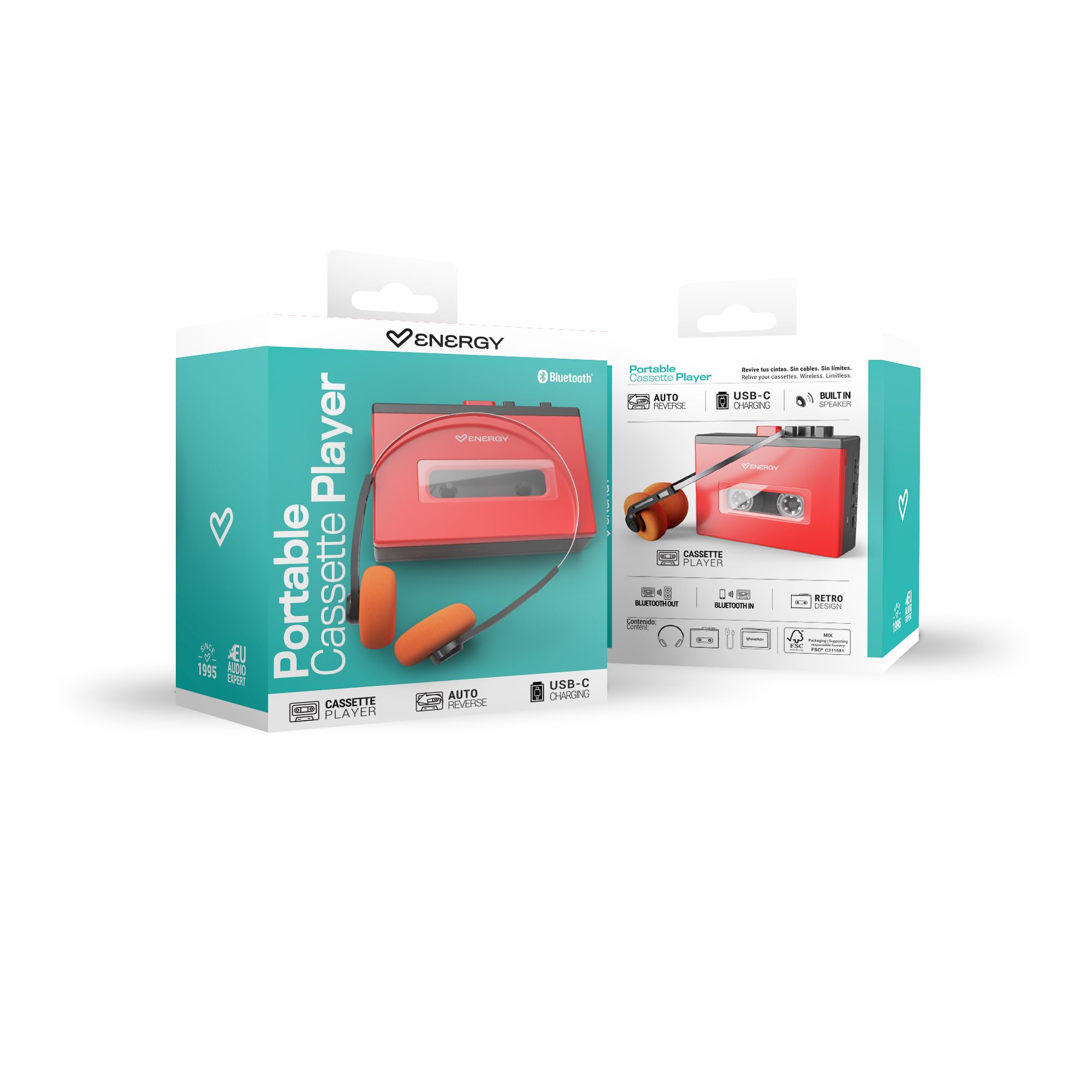 Energy Sistem Tragbarer Kassetten-Player, Bluetooth, In/Out, wiederaufladbarer USB-C-Akku, Lautsprecher und integriertes Mikrofon, analoger Retro-Sound, inklusive Vintage-Kopfhörern, Sprachaufnahme