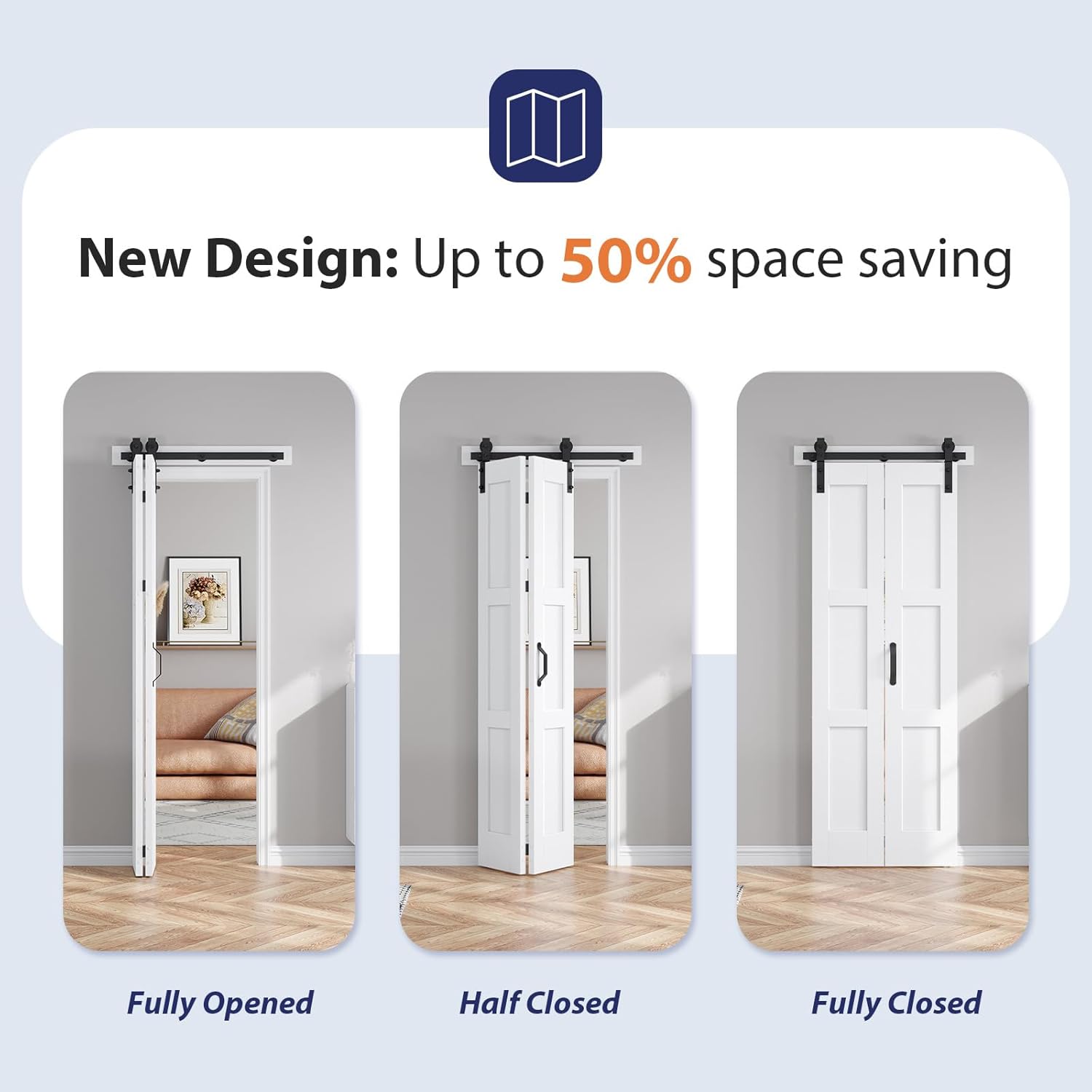Diagram showing the bifold door in fully opened, half closed, and fully closed positions