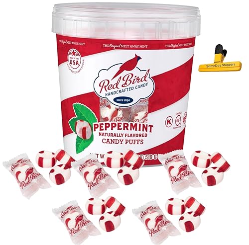 Puff suaves de menta (18 onzas)  Red Bird Soft Peppermint Candy Puffs, cubo de mentas envuelto individualmente, verificado sin OMG, Kosher y