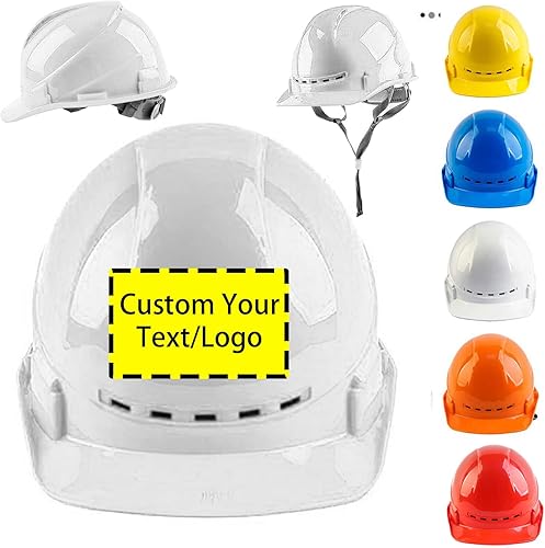 Cascos de construcción personalizados con cualquier logotipotexto, gorra de ala completa, con suspensión de trinquete de 4 puntos con ventilación