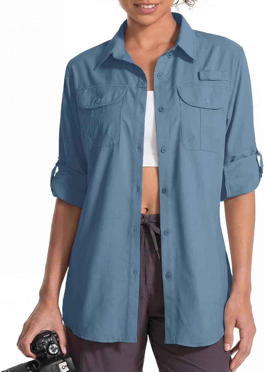 Womens UPF 50 Long Sleeve Sun Shirt Safari Hiking Fishing Quick DIY UV Protection Button Up Travel Shirt for Gardening