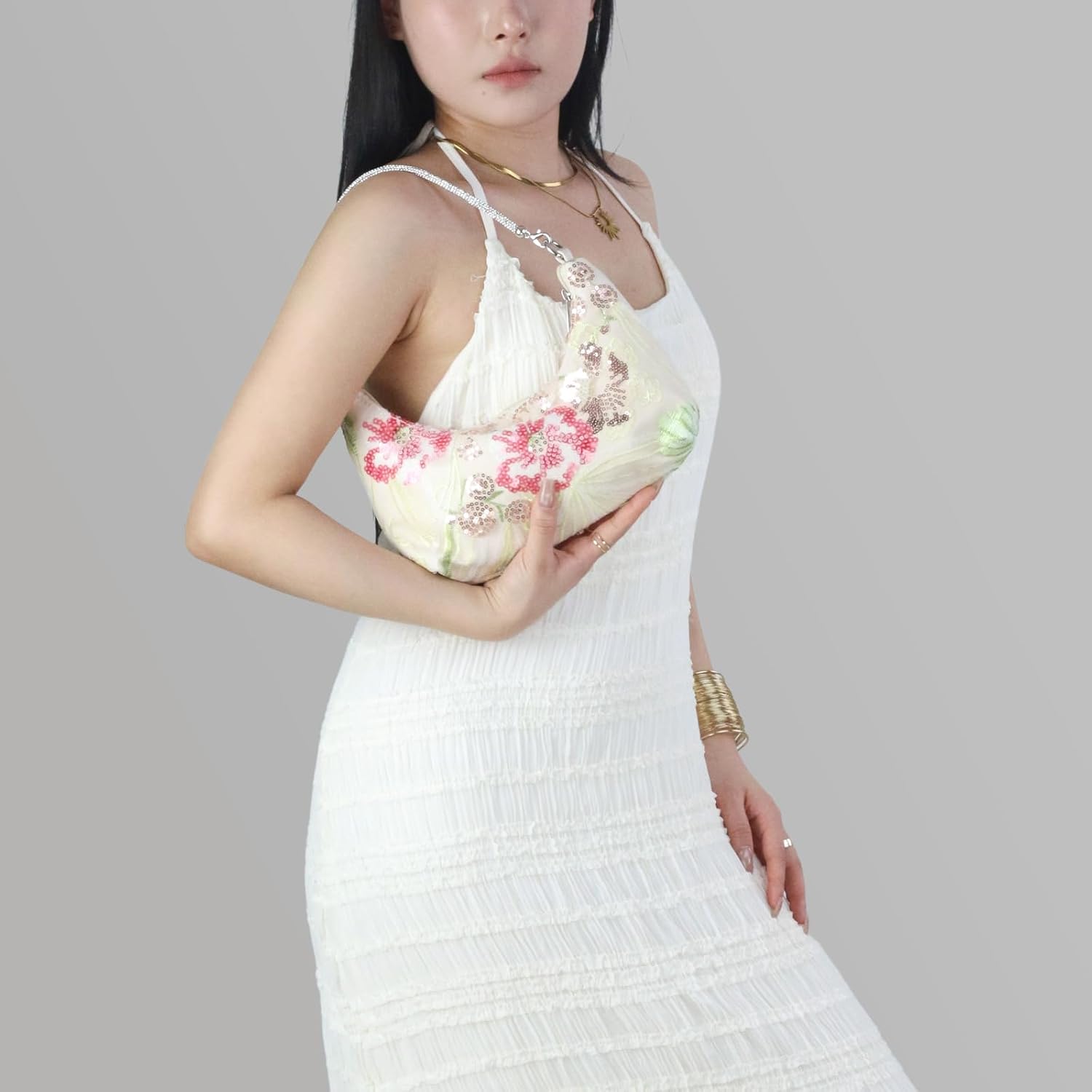 Women's Beaded Sequin Floral Evening Bag Embroidered Top Handle Underarm Shoulder Handbags for Wedding Party Prom