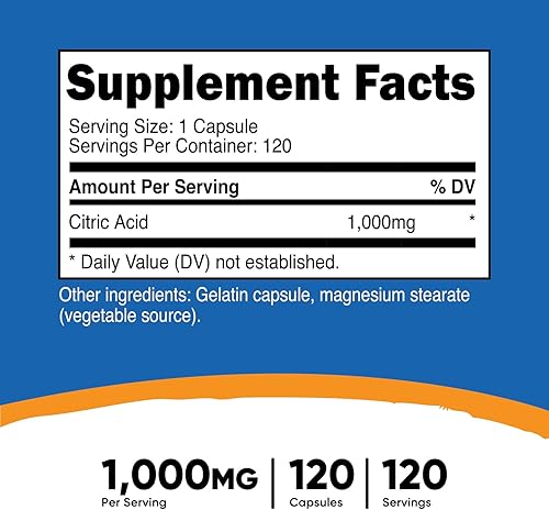 Miniatura 8 de Nutricost Ácido cítrico 1000 mg (0.04oz), 240 cápsulas - Sin gluten, sin OMG