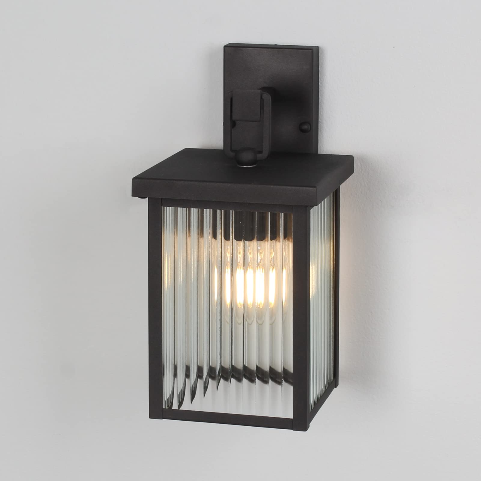 DAWALIGHT Lanterna da Parete Vetro Rigato Applique Lampada Attacco E27 per Balconi Corridoi Terrazzo Ingresso, Metallo con Rivestimento Antiruggine, Nero (Lampadine non Incluse)