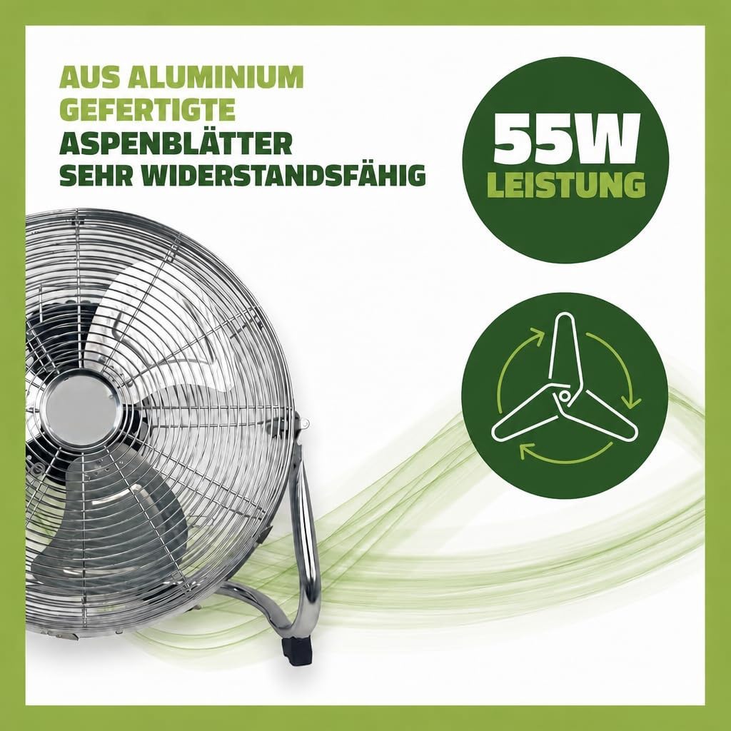 Standventilator 55 W Ø45 cm Edelstahlflügel 3 Geschwindigkeitsstufen Metallventilator