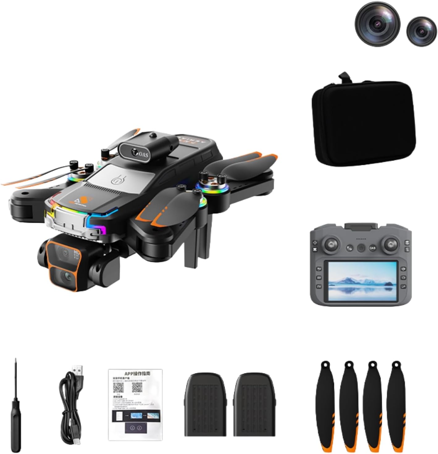 Adult Drone with 4.3" Display | Obstacle Avoidance & Dual Camera | EIS Anti-Shake Gimbal & Optical Flow | WiFi FPV RC Quadcopter with 2 Batteries and Carry Case (BLACK)