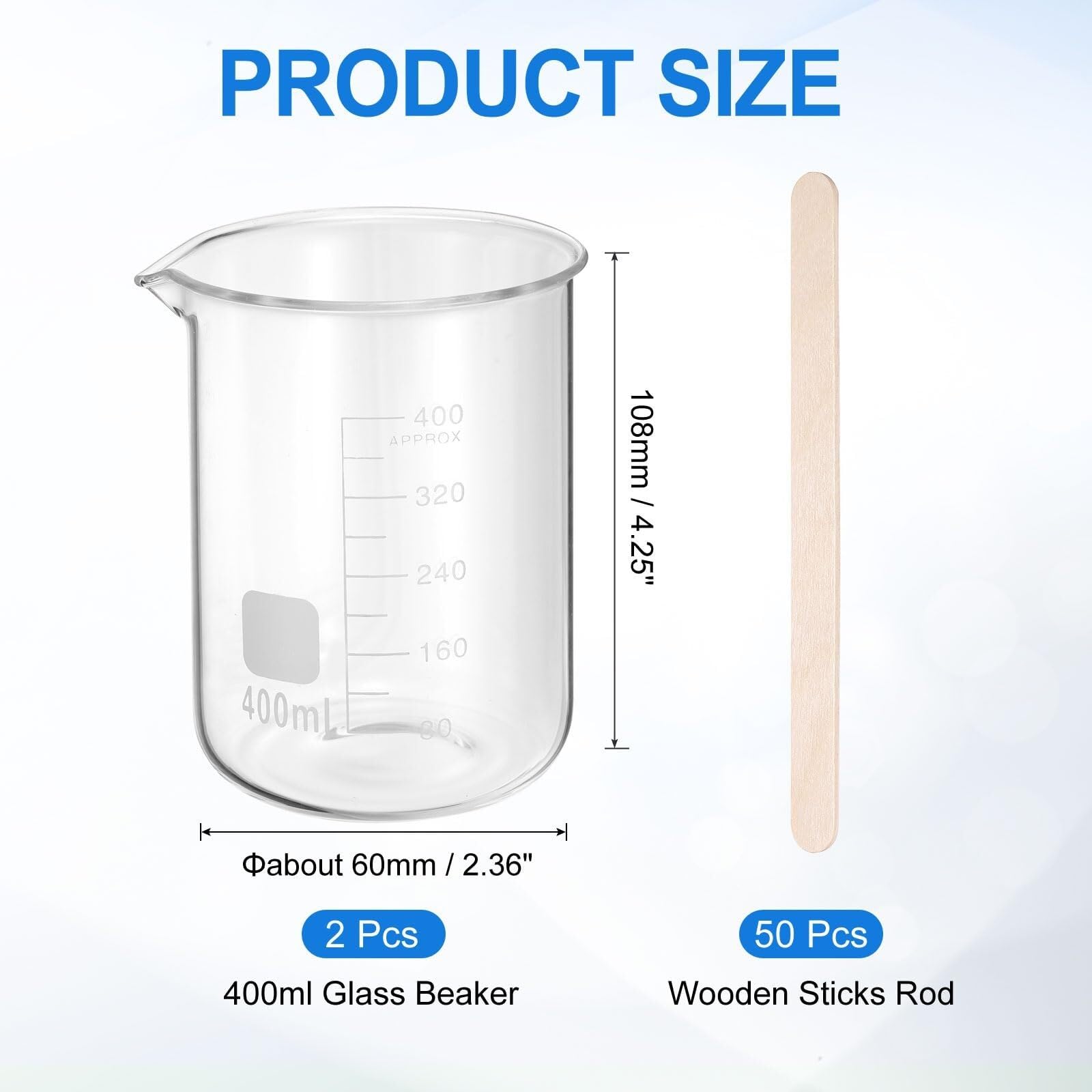Becher in Vetro 25ml, Confezione da 2, Vetro Borosilicato Resistente al Calore Graduato per Laboratorio con Bastoncini in Legno(400ml)