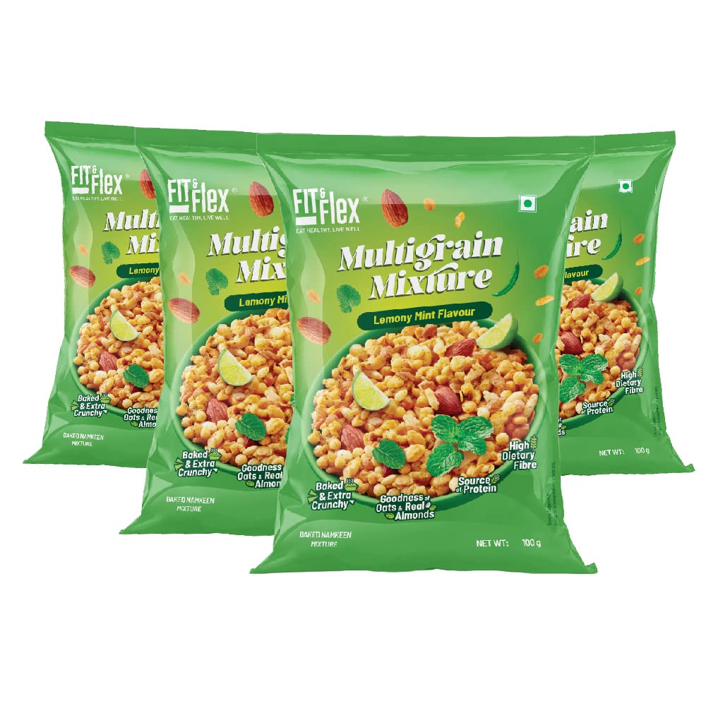 Fit & Flex Multigrain Mixture - Zero Cholesterol, Oat Rich, Extra Baked and Crunchy Snack, Baked & Crunchy Namkeen Mixture, Lemony Mint, High Dietary Fibre, All-time Party Snack - As Seen on Shark Tank India - Pack of 4, 400 Gm