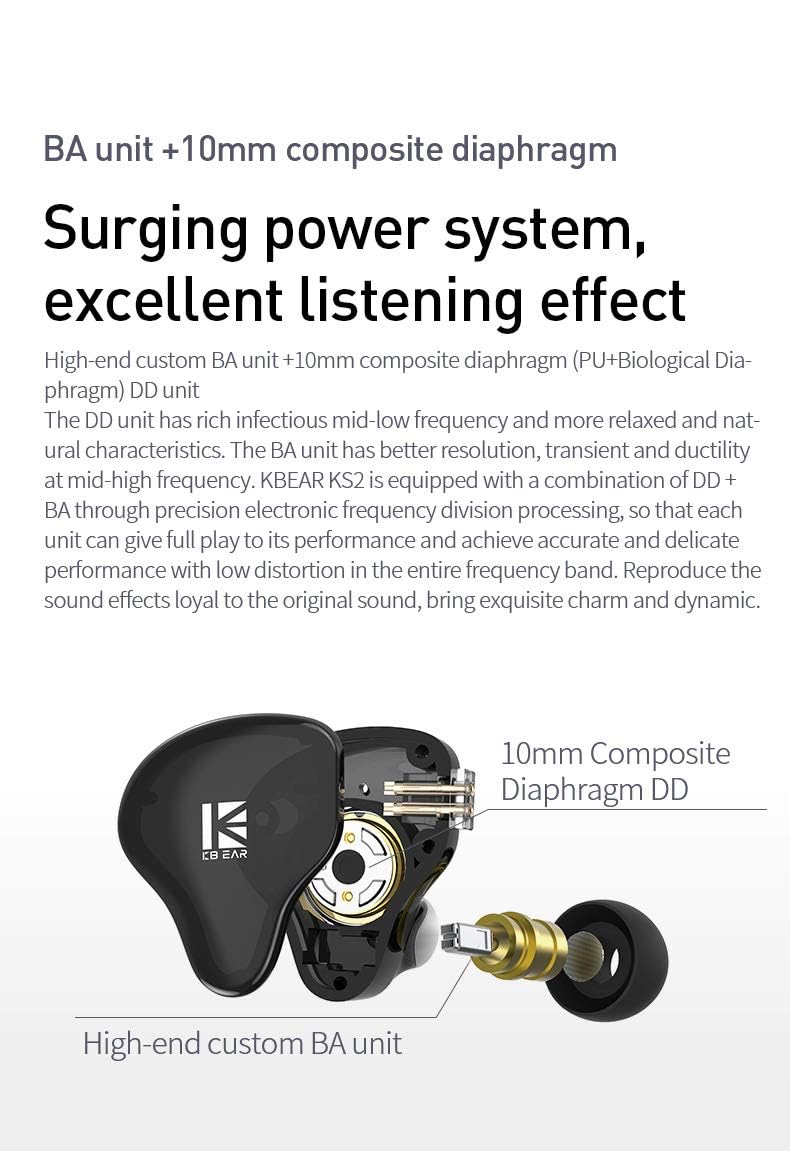 Écouteurs HiFi KBEAR Flash 1BA+1DD IEM Intra-Auriculaires - Couvercle CNC, Driver 10mm (Noir Sans Micro)