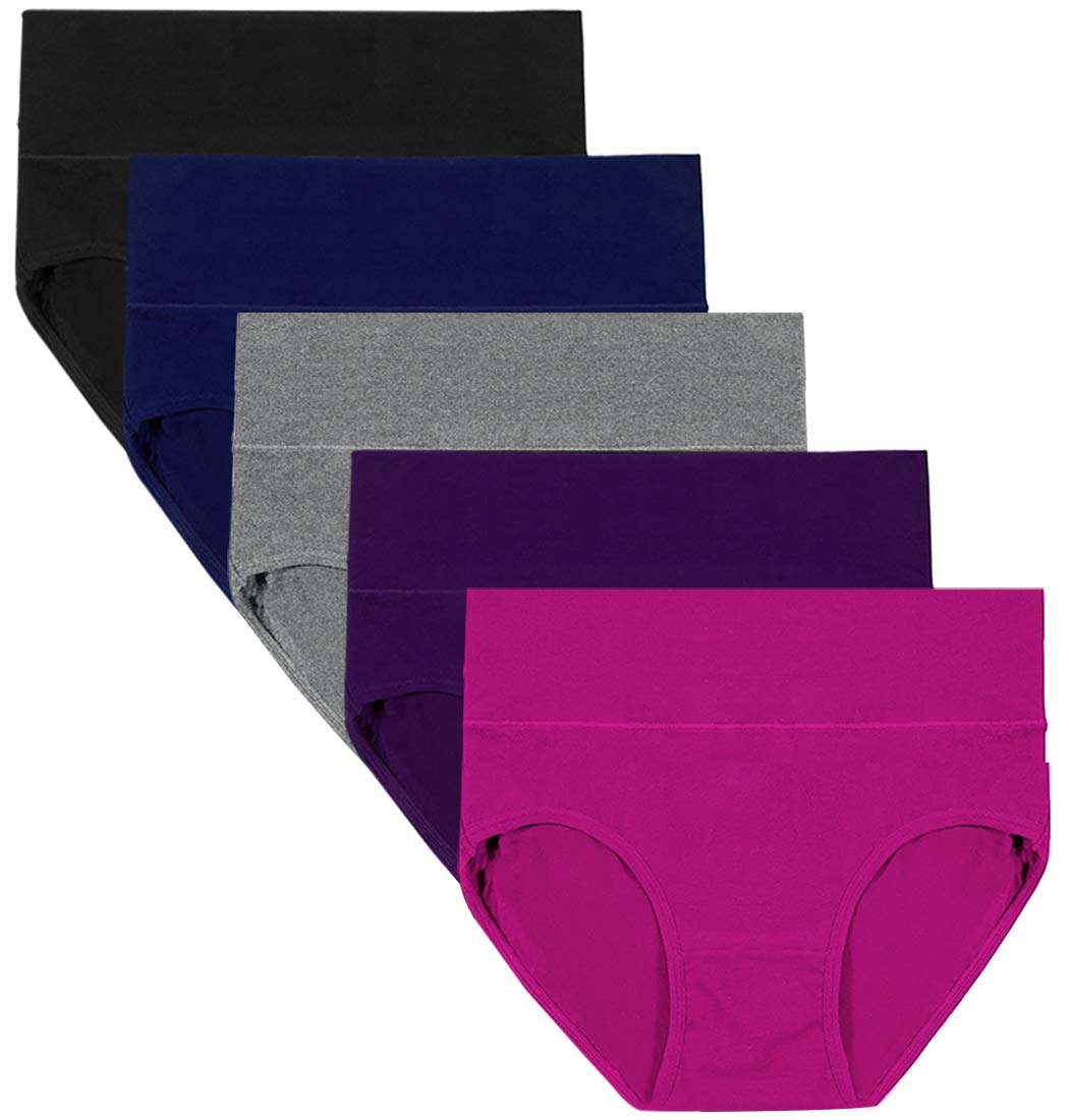 annenmy Women's High Waist Cotton Underwear Soft Brief Panties Regular and Plus Size (X-Large, Black-Gray-Navy Blue-Purple-Red, 5 Pack)-picture-39