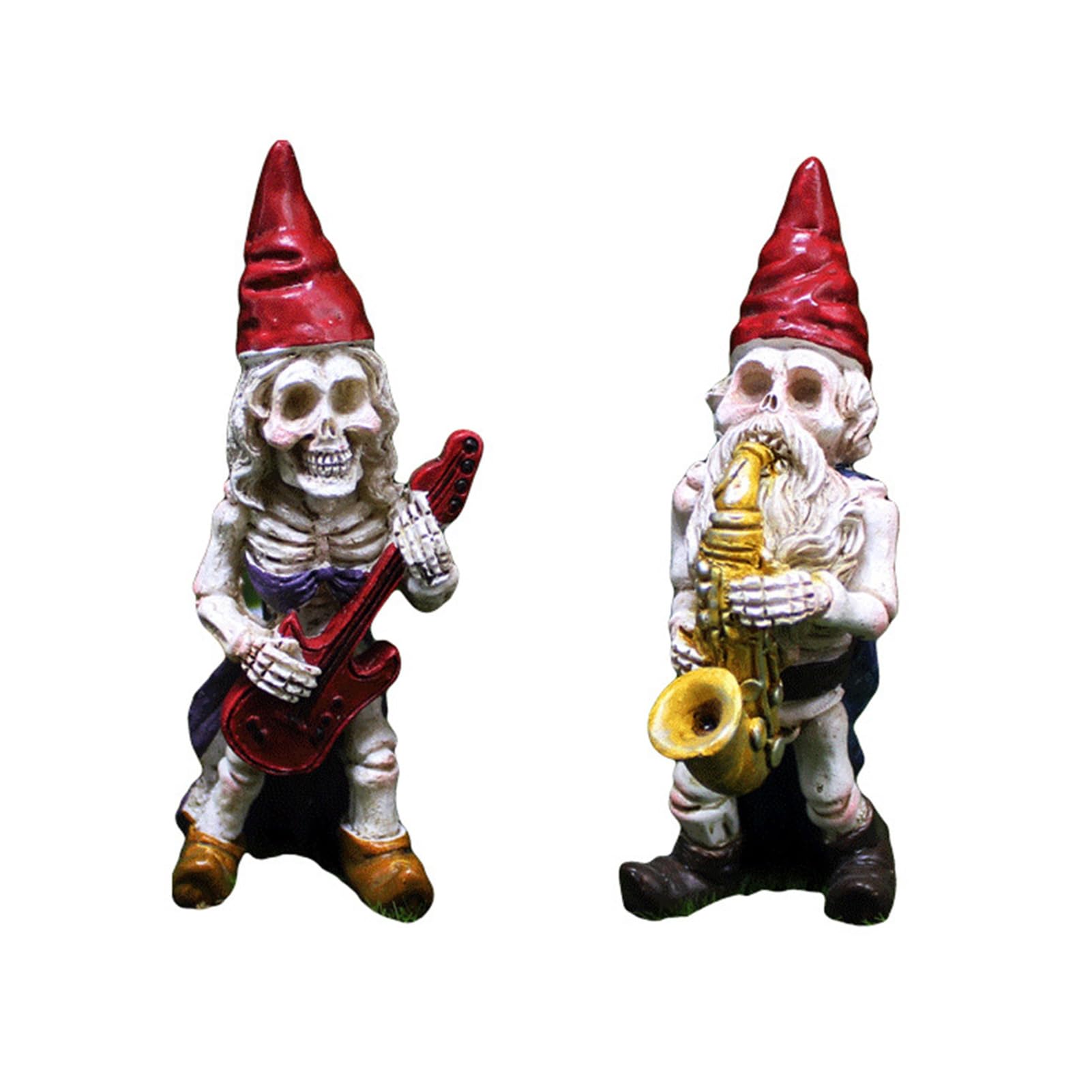 pidodou Halloween Skeleton Gnome Musician Resin Figurine Hand-Painted Gothic Statue with Guitar Saxophone Mini Garden Ornament for Indoor Outdoor Desktop Patio Yard Decor [object Object]