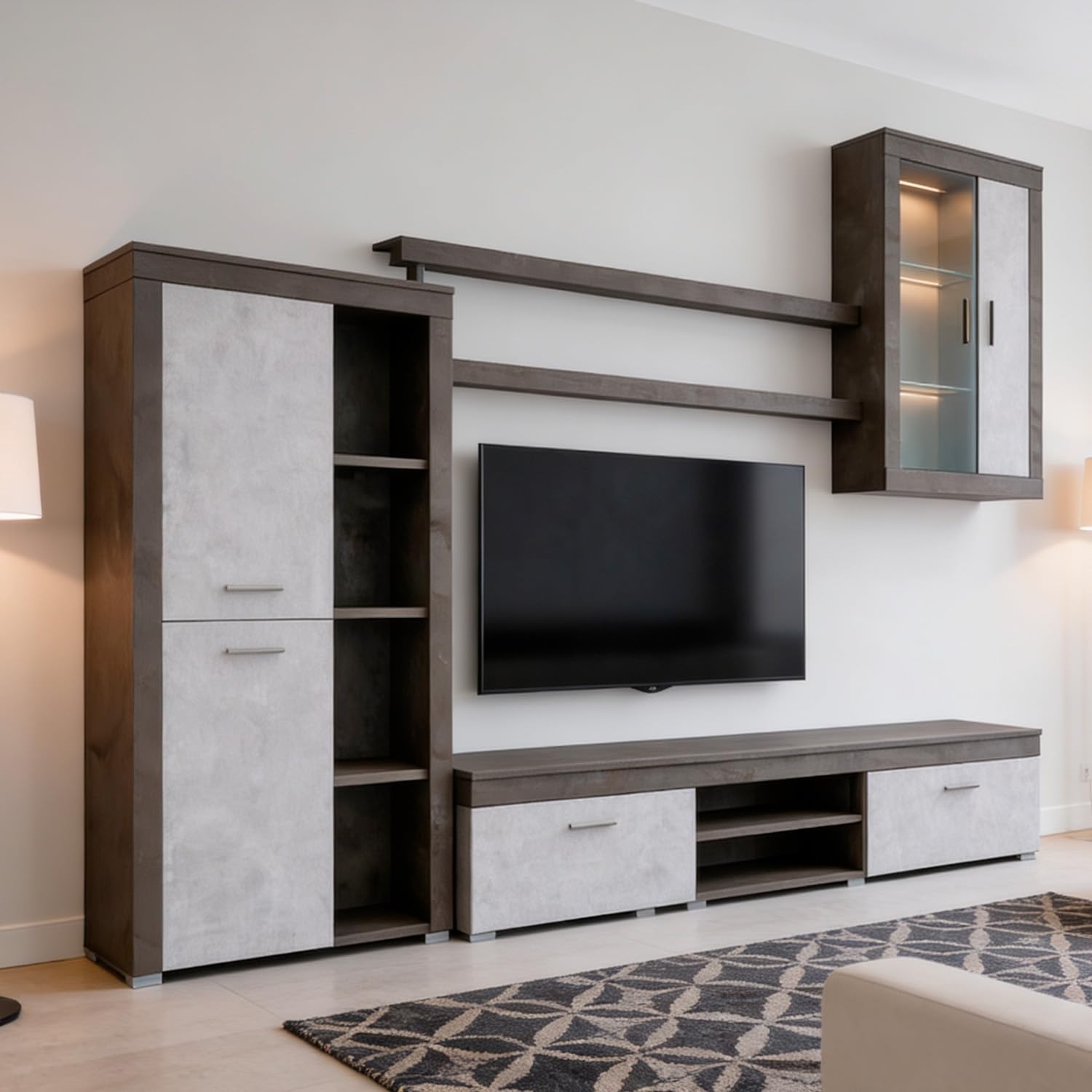 Parete Attrezzata Da Soggiorno Salotto Moderna Con Mobile TV Ante Mensole Vani A Giorno Vetrinetta Design Moderno Moduli Sospesi 293 X 193 X 50 Cm Ossido E Grigio Cemento
