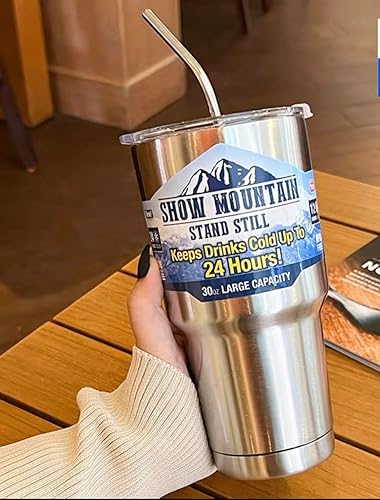 Vaso de doble pared aislado al vacío de acero inoxidable con popote y tapa, soporta frío hasta 24 horas (negro)