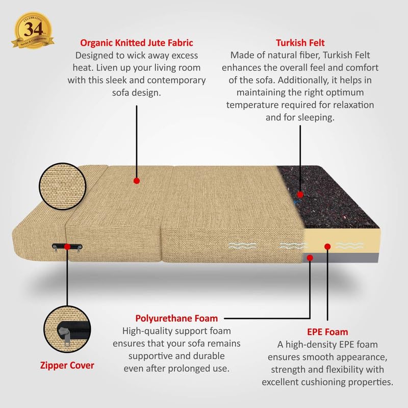 Image of Coirfit 3 Seater Folding Sofa Cum Bed - Jute Fabric Washable Cover with Free Cushions, Beige - 5' x 6 Feet