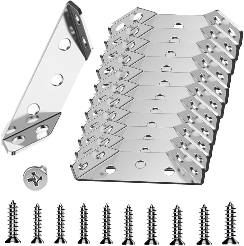 L Brackets for Wood - 12PCS Corner Brackets Universal Stainless Steel Furniture Corner Connector, Metal Angle Bracket Corner Braces for Wood, Small L Bracket for Shelves, Cabinet,Drawer,Chair,Table