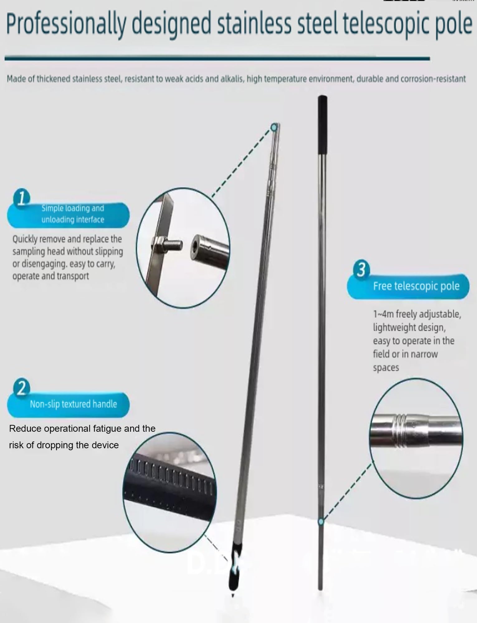 Pértiga telescópica de acero inoxidable for muestreo de agua,cucharón extensible análisis de agua,muestreo de laboratorio y monitoreo ambiental,varilla de recolección retráctil.(1000ml,300cm/118in)