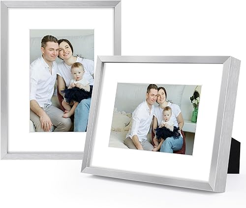 Vista 13 de Frametory, Marcos de aluminio de 5 x 7 pulgadas con paspartú marfil para fotos/fotos de 4 x 6 pulgadas, cristal real, retrato/paisaje, formatos