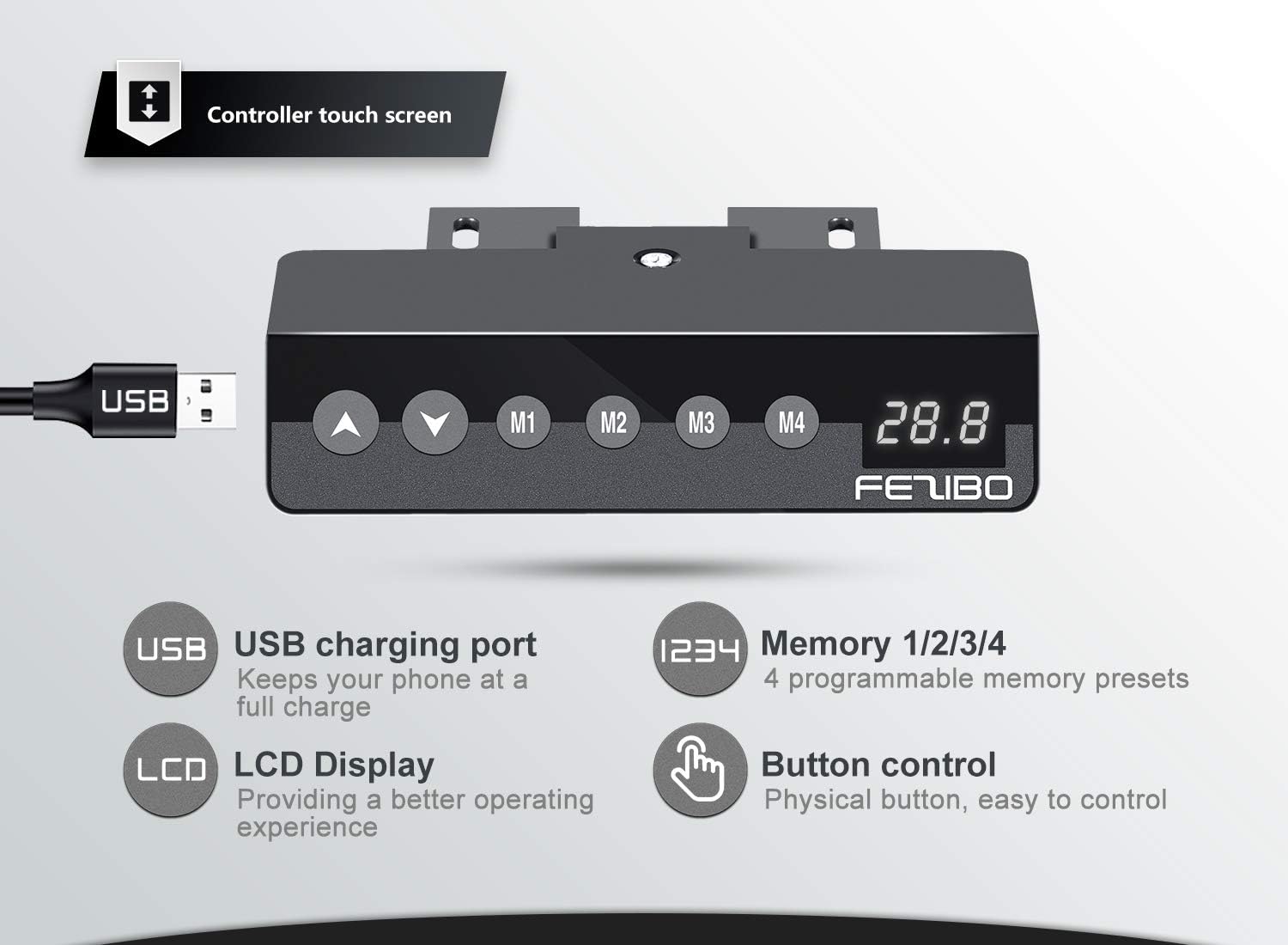 Close-up of the FEZIBO desk's programmable touch control panel with up/down arrows, M1-M4 memory buttons, USB charging port, and LCD display.