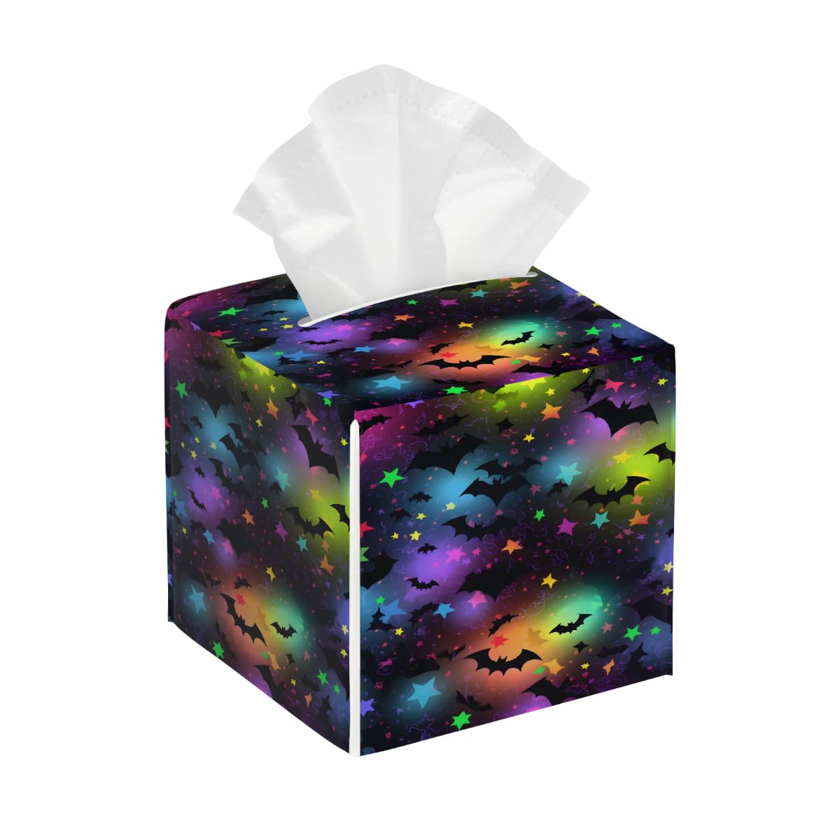 Tissue Box Cover Square Pu Leather Tissue Box Holder Waterproof Paper Organizer Dispenser for Bathroom Kitchen Bedroom Car Office Halloween Bat