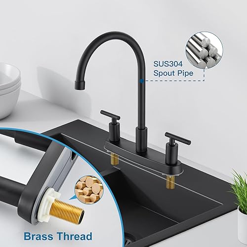 Miniatura 6 de Grifos de cocina para fregadero de 3 agujeros, arco alto con boquilla giratoria de 360, grifo de fregadero de cocina de 2 manijas de 8 pulgadas con