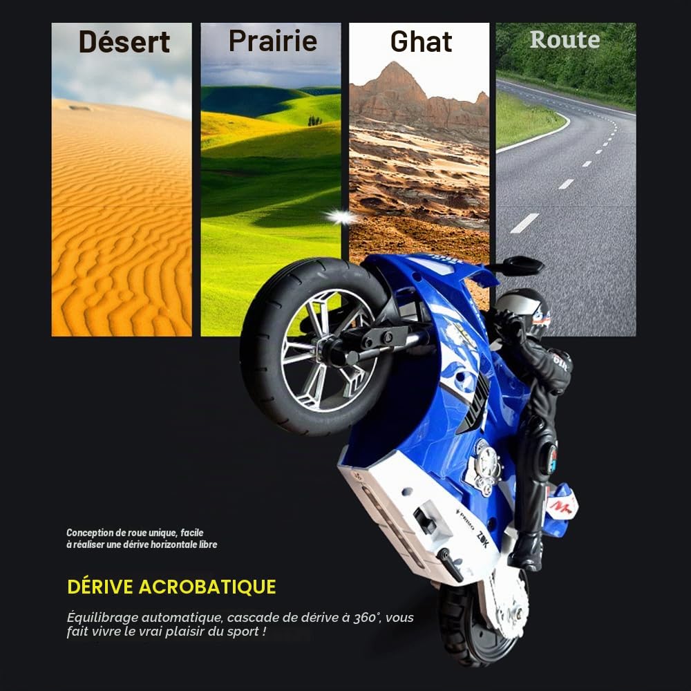 Goolsky Moto de cascade télécommandée auto-équilibrée 1/6 2,4 G moto télécommandée qui tourne en place / équilibre auto-stabilisant / drift à 360°
