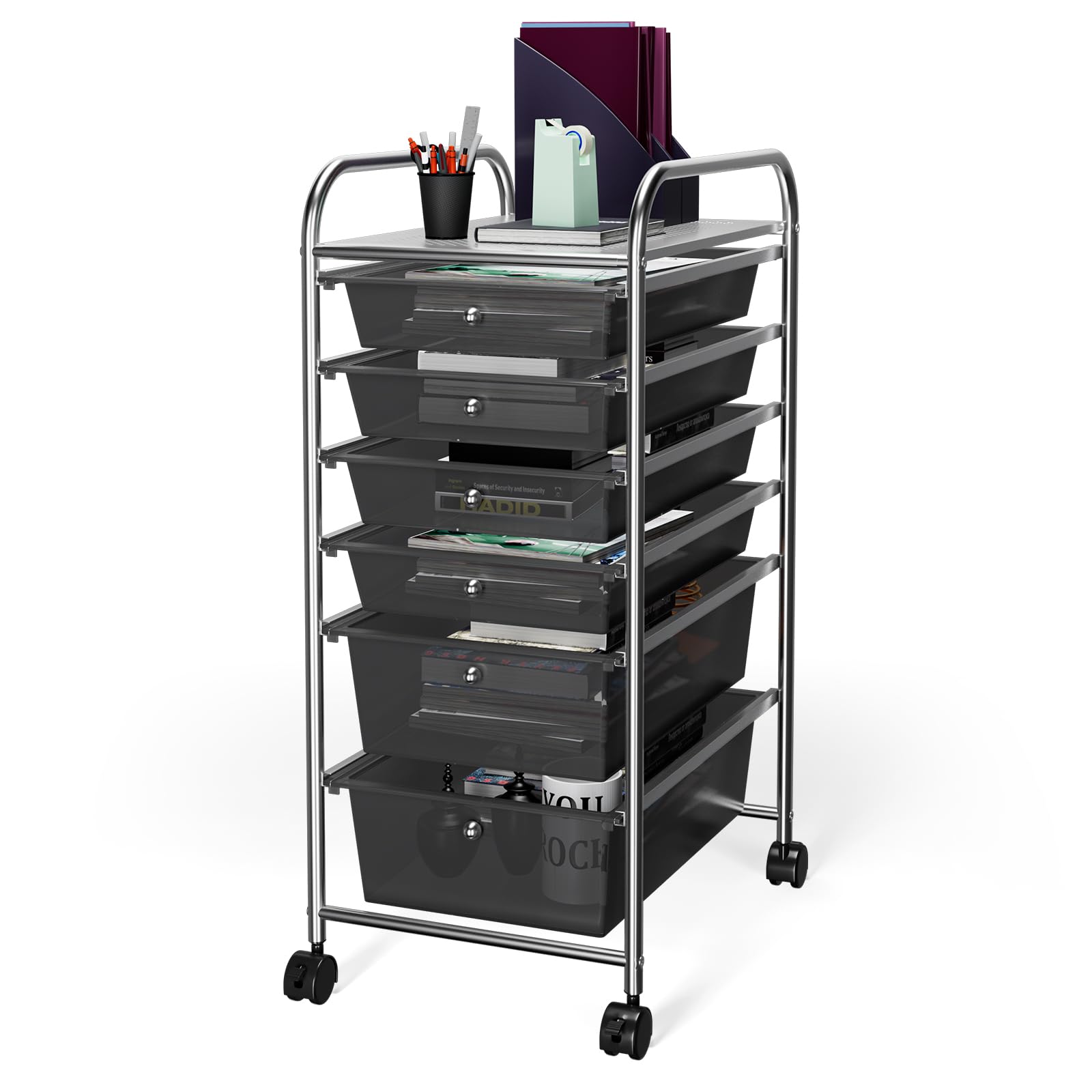 GIANTEX 6 Tiroirs Chariot de Rangement, Tour de Rangement Bureau sur roulettes, Desserte à roulettes Verrouillables avec Cadre Métal, Idéal pour Bureau, Salon, Chambre (Noir)