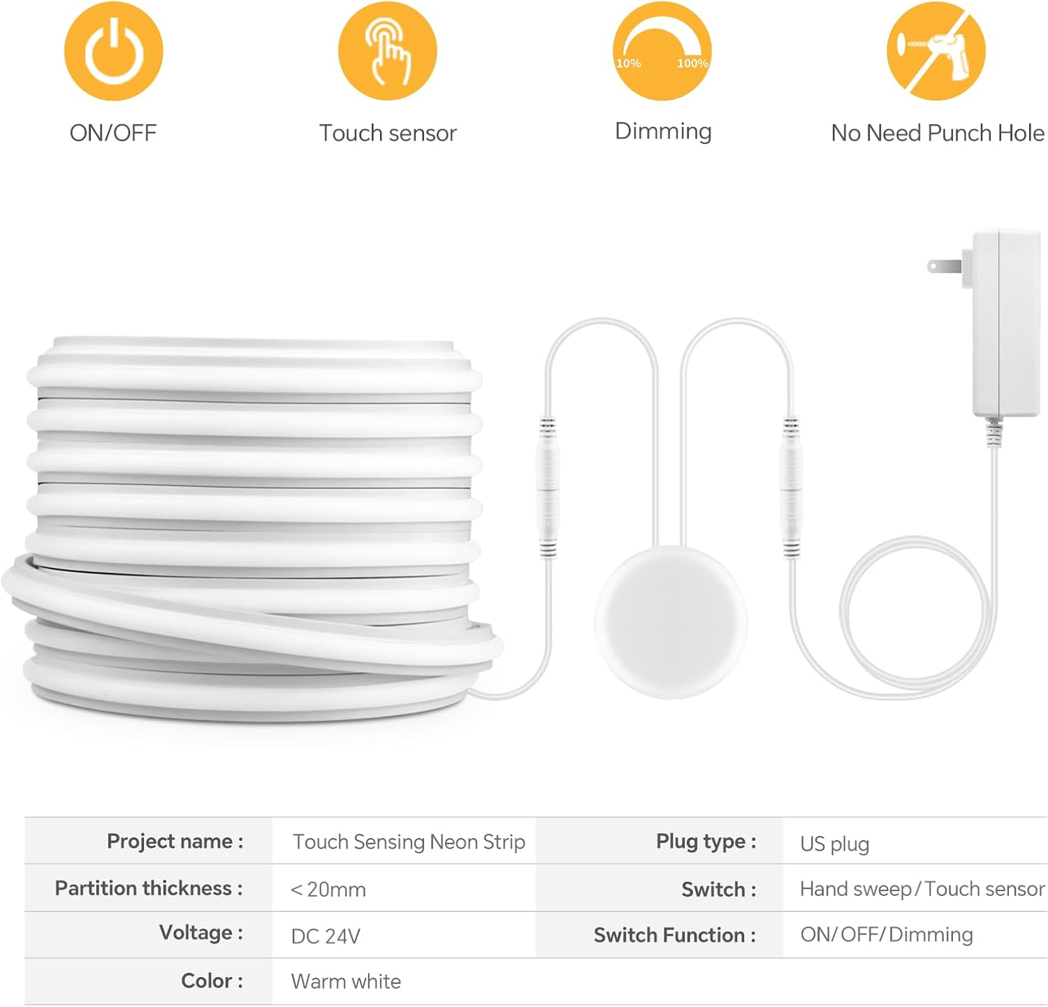 Silicone COB Neon Rope Lights Flexible Cuttable Waterproof 16.4FT Self-Adhesive Dimmable COB Led Strip Lights 24V 48W Penetrable Touch Sensor Led Neon Lights for Kitchen Cabinet Lighting Bedroom Decor