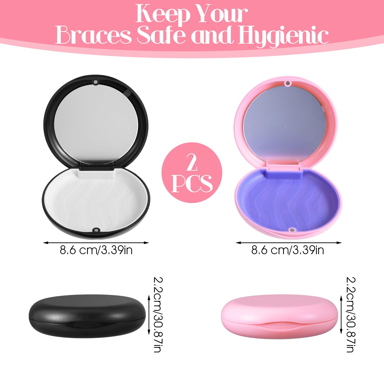 Nogeqi 2 Stück Zahnspangendose mit Magnetische Schnalle, Zahnschiene Box mit Spiege, Gebissdose Zahnprothesen Box Prothesendose für Täglichen Gebrauch (Schwarz & Rosa)