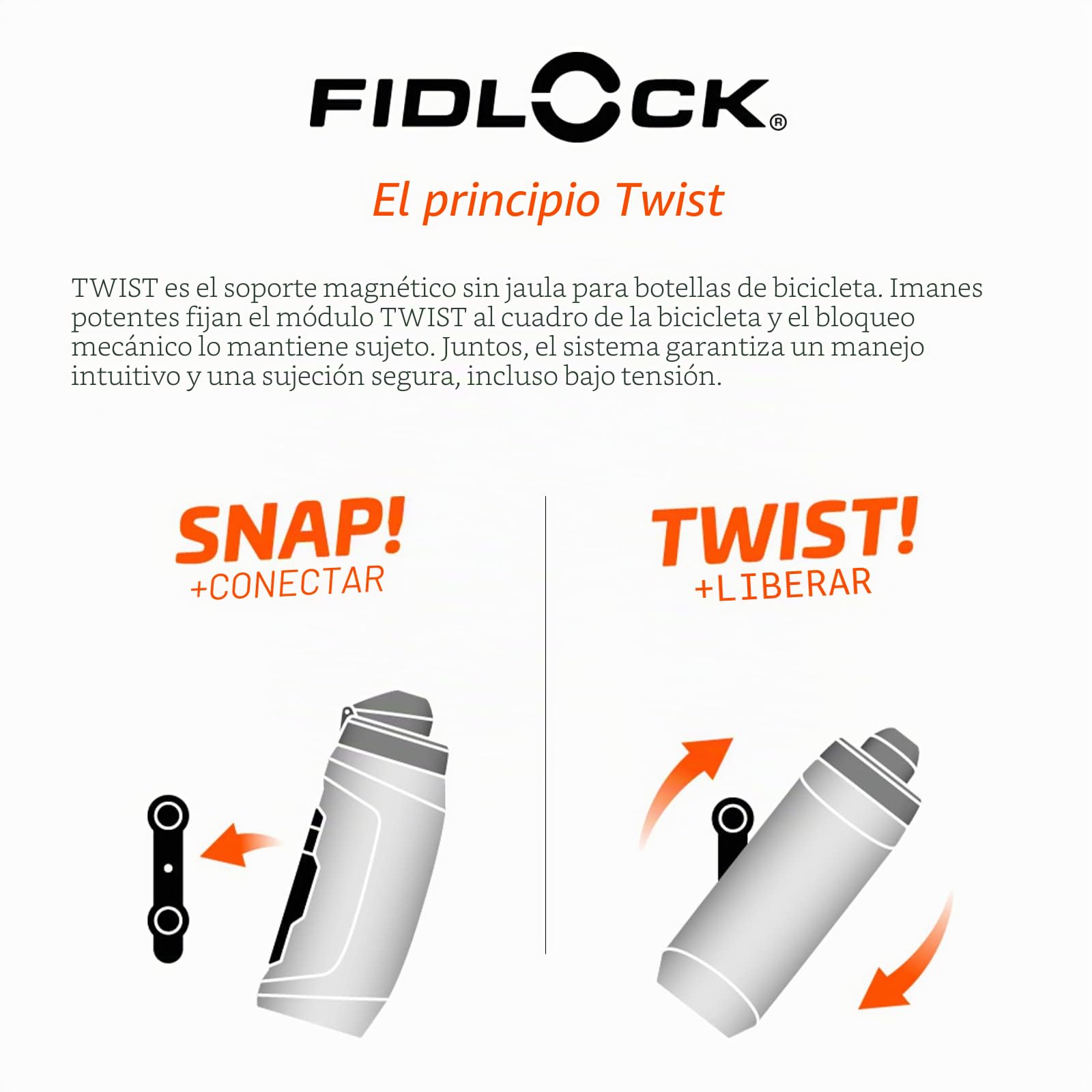 FIDLOCK Twist Bottle 590 y Juego de Base de Bicicleta, Tapa de Botella autosellante a Prueba de Fugas, Soporte para Botella de Agua sin Tornillos y Botella adjunta, Estante magnético sin Jaula, Color