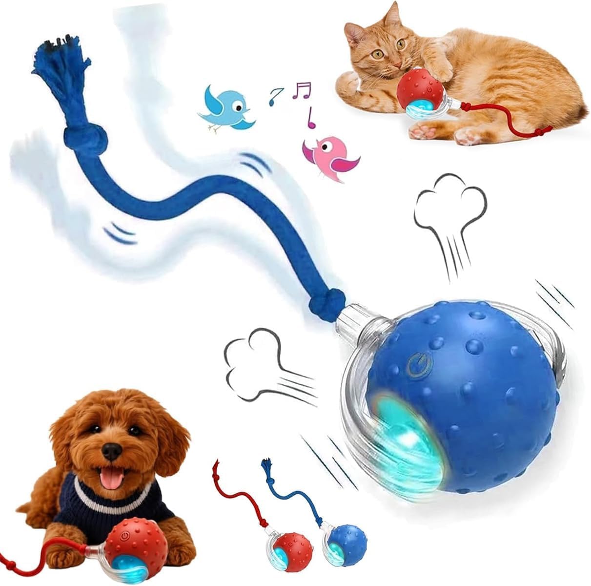 Tiny Fetch Dog Toy - 2026 New Tiny Fetch Motion Dog Toy with Birdsong & Rope,Interactive Dog Cat Toys Balls,360°Smart Automatic Rolling Electric Dogs Ball Toy,Fast Moving Toy for Dog and Cat (Blue)