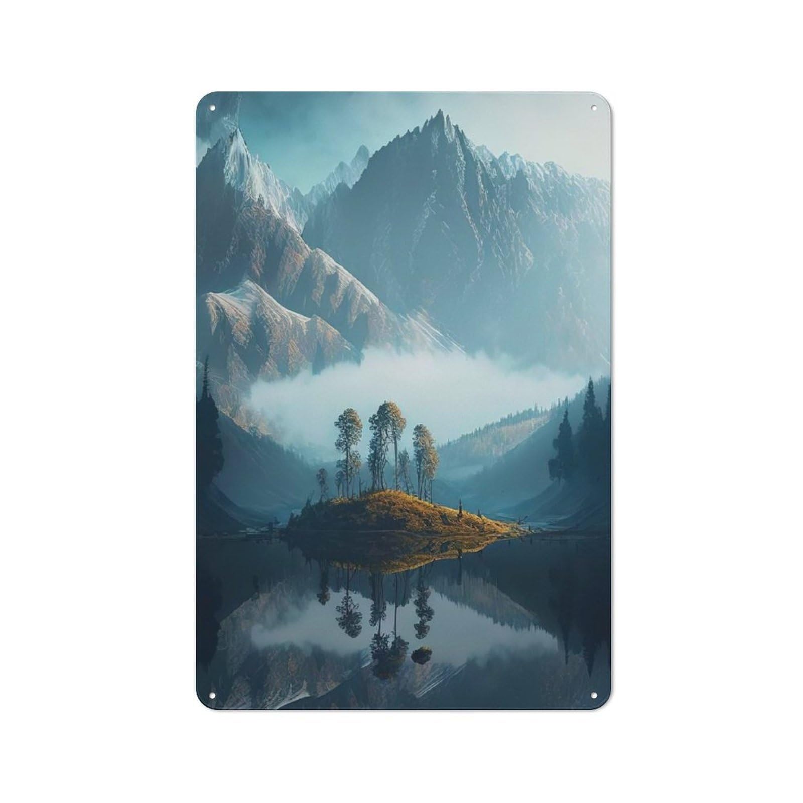 Mountain Lake Landscape Retro Metal Plaque 30x20cm for Guest Room Or Hallway, Housewarming Present for People Styling Guest Room And Hallway