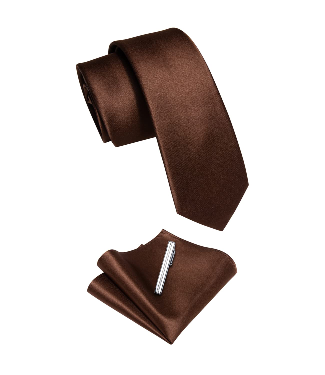 YourTies Schmale Krawatten Set für Herren, Satin, 6 cm, schmale Krawatte mit Einstecktuch, Krawattenklammer, einfarbig, Perfekt für Hochzeit, Party und Business