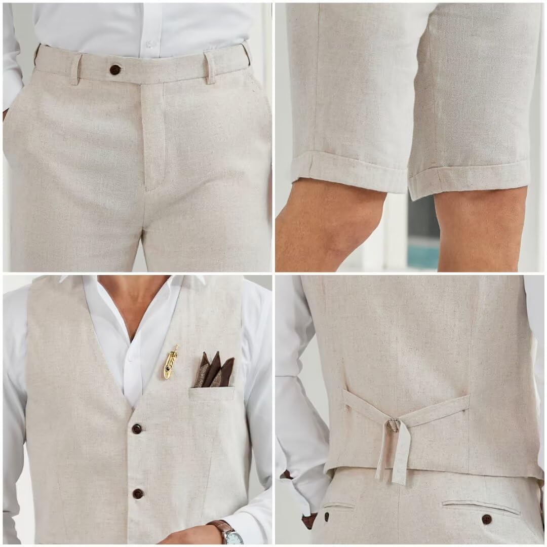 Mens Linen Suit 2 Piece Short Suits for Men Casual Summer Beach Groom Wedding Suit Linen Vest Shorts Set