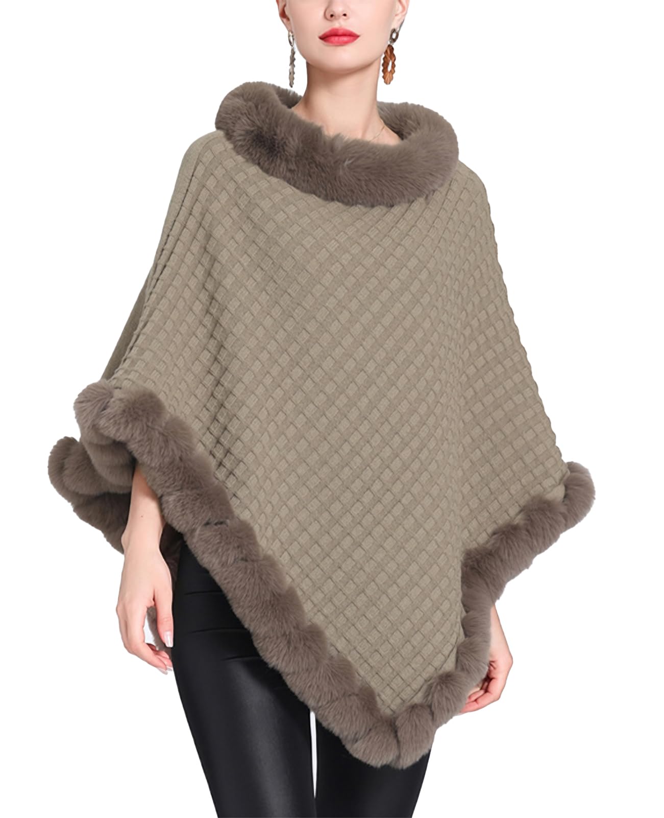 JFAN Ponchos Mujer Capas de Punto Invierno Cálido Elegante Chal con Cuello Redondo Capa de Piel Sintética Térmica para Otoño e Invierno