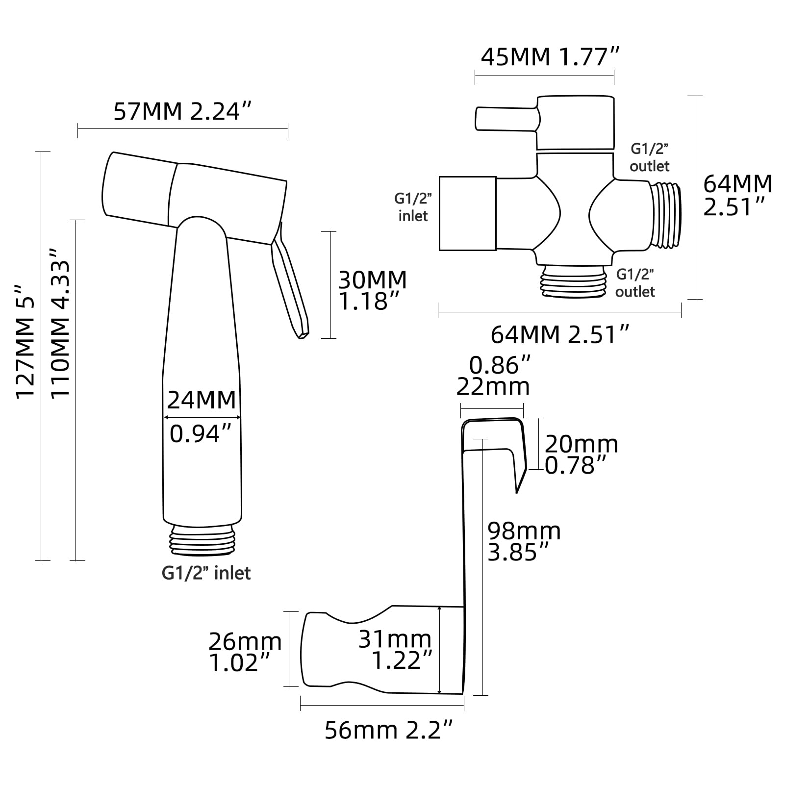 Tecmolog Kit Grifo Bidet Acero Inoxidable Ducha de Lavabo Negro Pulverizador Bidet Inodoro de Mano con Manguera WC, Soporte Grifo de Bide, WS024CF