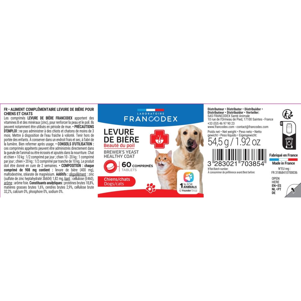 Francodex - Lievito di Birra Cane & Gatto - 60 Compresse 170385 Multicolore