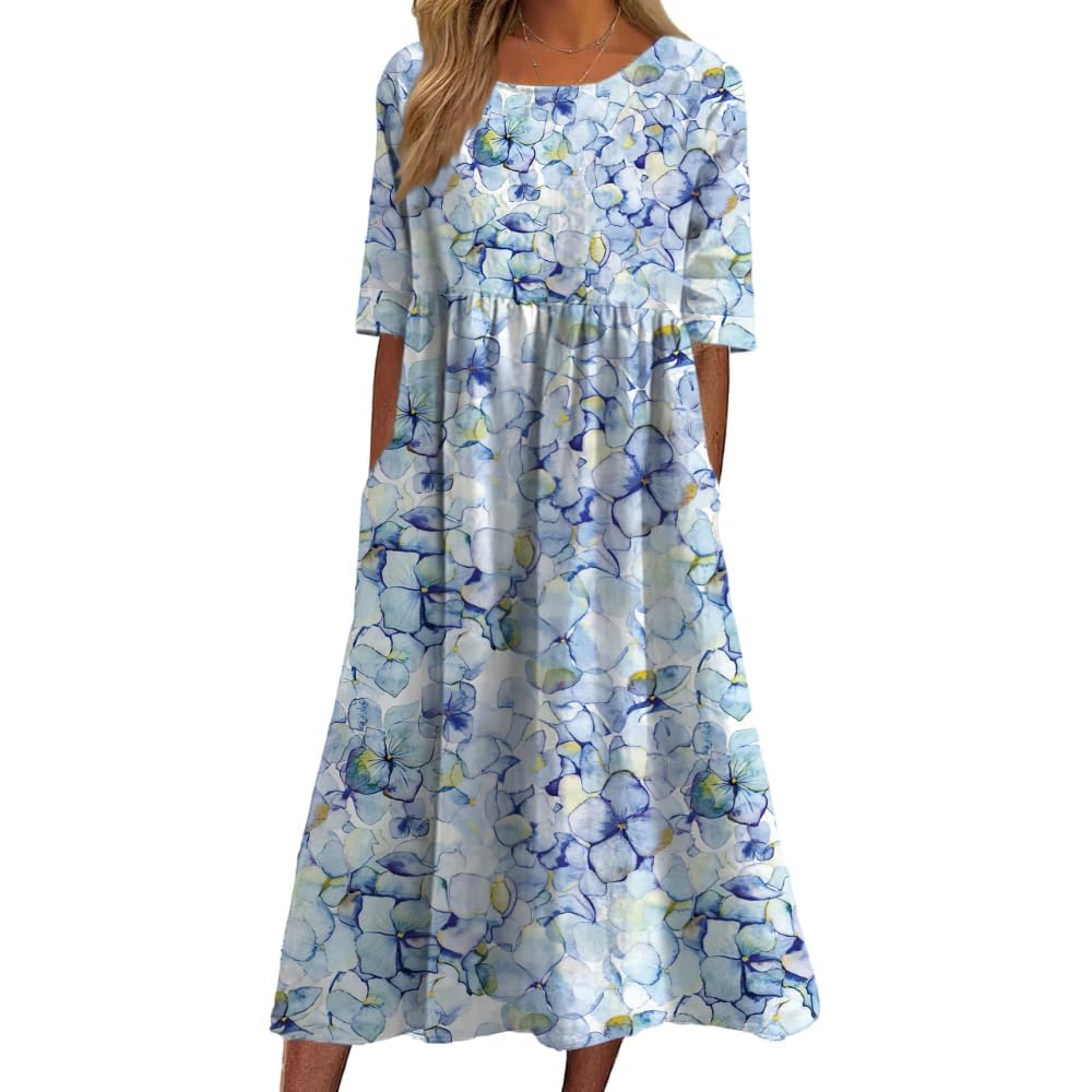 LOAIHA Women's Bohemian Floral Printed Maxi Dress Colorful Summer Casual Loose Flowy Dresses with Pockets