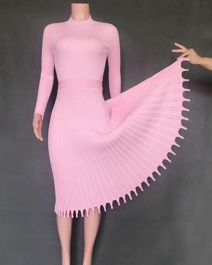 Minetom Damen Cocktail Festlich Hochzeit Party Kleid Langarm Winter Pullover Strickkleid Sweatkleid Elegant Midi Plissee Abendkleid