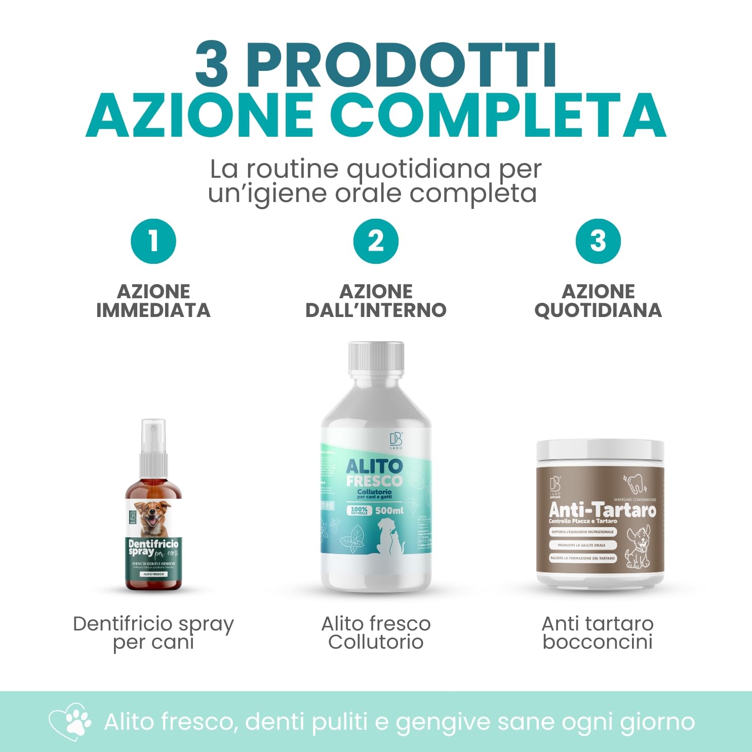 Kit Pulizia Tartaro Denti Cane Spray Dentifricio, Colluttorio, Antitartaro | Set 3 prodotti Igiene Orale Cani con salvia, menta, tea tree, propoli e alga per denti, gengive e alito cane - Made in Ital
