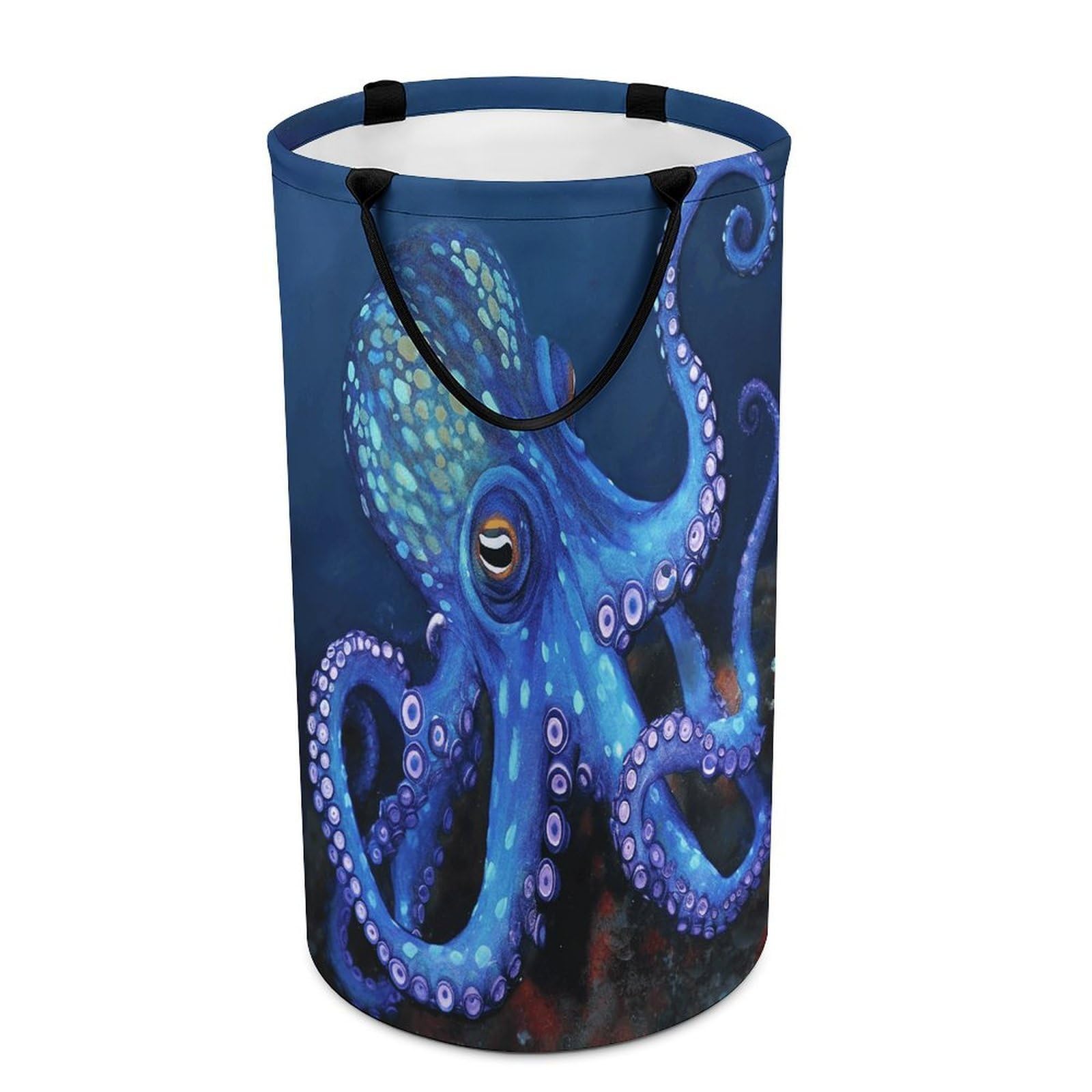 Blue Octopus Laundry Basket Large Foldable Laundry Hamper with Handles Freestanding Collapsible Clothes Basket Waterproof Portable Dirty Clothes Hamper for Bathroom 86L