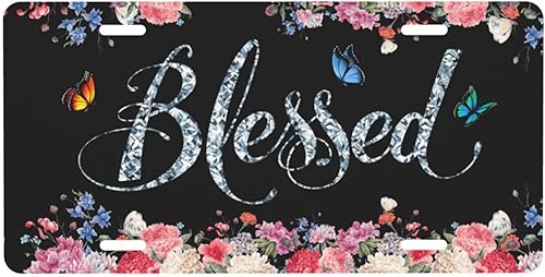 Blessed - Cubiertas decorativas para placa de matrícula frontal de automóvil, diseño de mariposas y flores, placa de aluminio para mujeres y